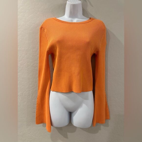 ROYALTY By MALUMA Orange Ribbed Flare Long Sleeves Lace-Up Back Top Small - Picture 3 of 11